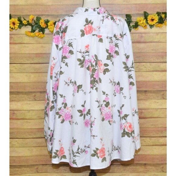 Roaman's 6X 44W White Button Front Blouse Top Pretty Pink Rose Floral Cottage - Picture 6 of 9